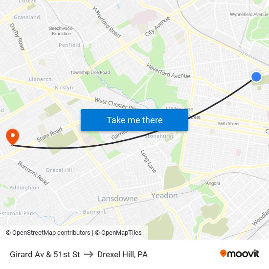 Girard Av & 51st St to Drexel Hill, PA map