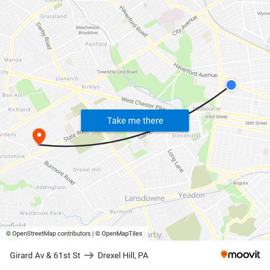 Girard Av & 61st St to Drexel Hill, PA map