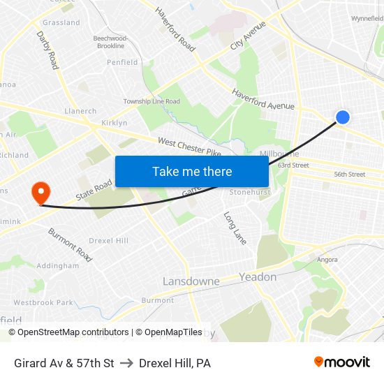 Girard Av & 57th St to Drexel Hill, PA map