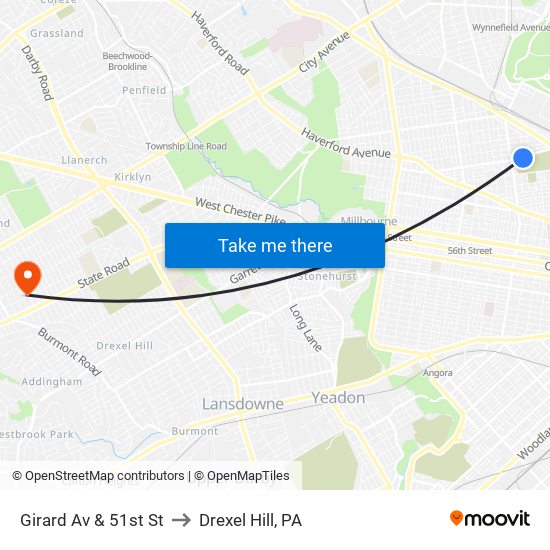 Girard Av & 51st St to Drexel Hill, PA map