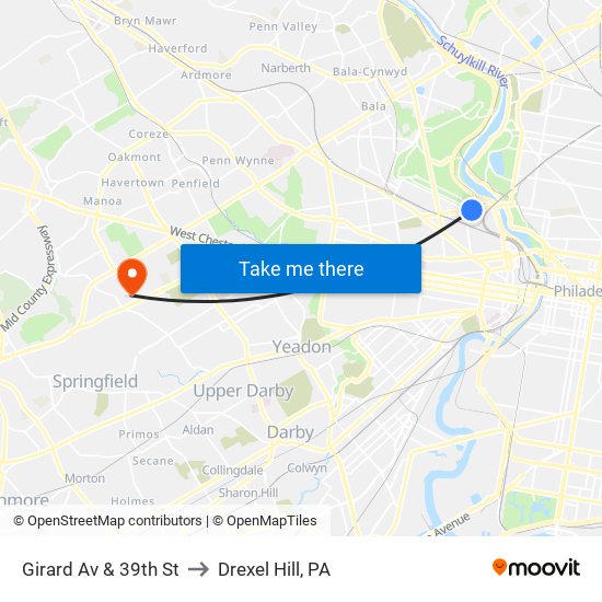 Girard Av & 39th St to Drexel Hill, PA map