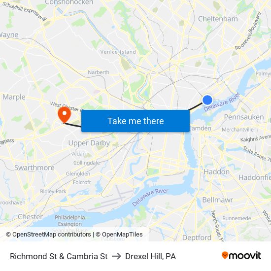 Richmond St & Cambria St to Drexel Hill, PA map