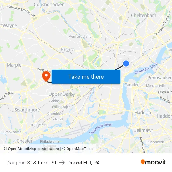 Dauphin St & Front St to Drexel Hill, PA map