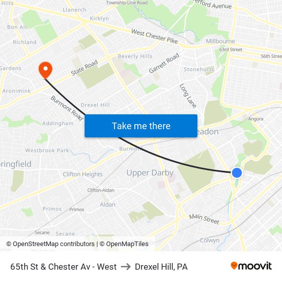 65th St & Chester Av - West to Drexel Hill, PA map