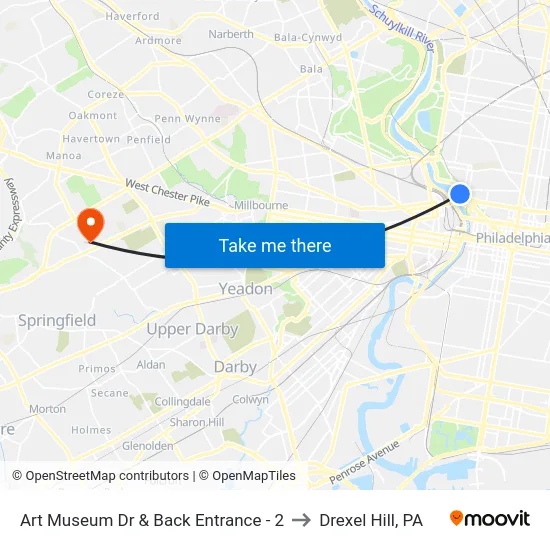 Art Museum Dr & Back Entrance - 2 to Drexel Hill, PA map