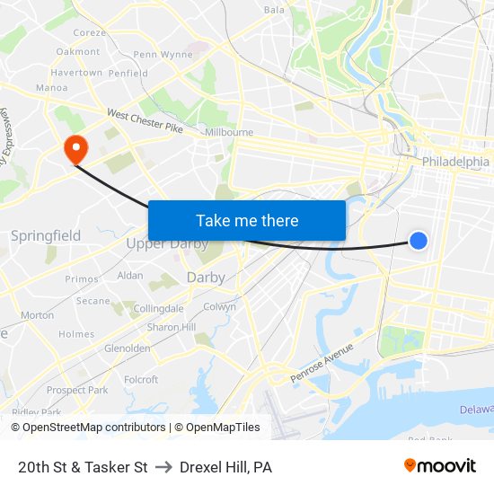 20th St & Tasker St to Drexel Hill, PA map