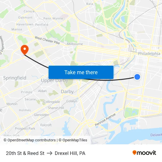 20th St & Reed St to Drexel Hill, PA map