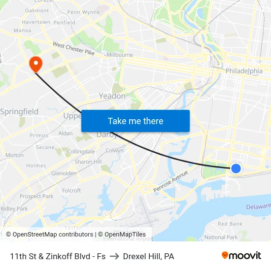 11th St & Zinkoff Blvd - Fs to Drexel Hill, PA map