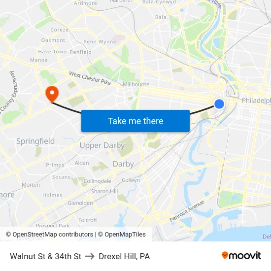 Walnut St & 34th St to Drexel Hill, PA map