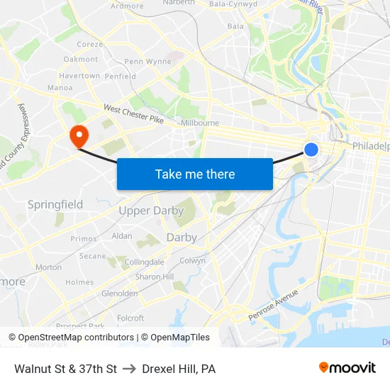 Walnut St & 37th St to Drexel Hill, PA map