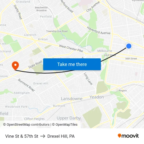 Vine St & 57th St to Drexel Hill, PA map