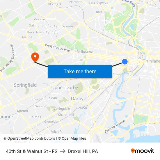 40th St & Walnut St - FS to Drexel Hill, PA map