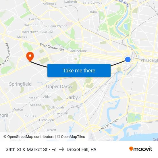 34th St & Market St - Fs to Drexel Hill, PA map