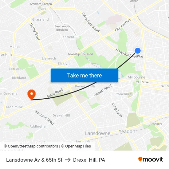Lansdowne Av & 65th St to Drexel Hill, PA map