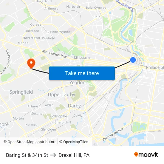 Baring St & 34th St to Drexel Hill, PA map