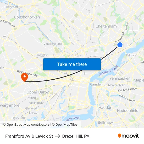 Frankford Av & Levick St to Drexel Hill, PA map