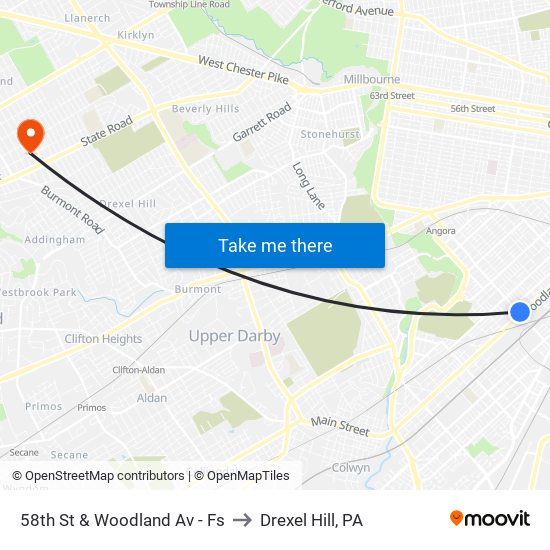 58th St & Woodland Av - Fs to Drexel Hill, PA map