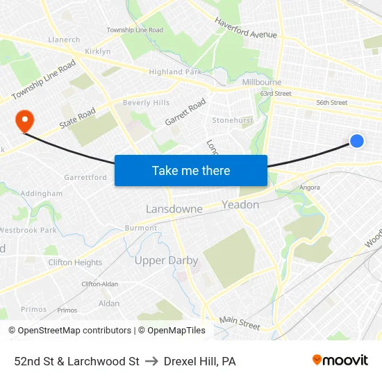 52nd St & Larchwood St to Drexel Hill, PA map