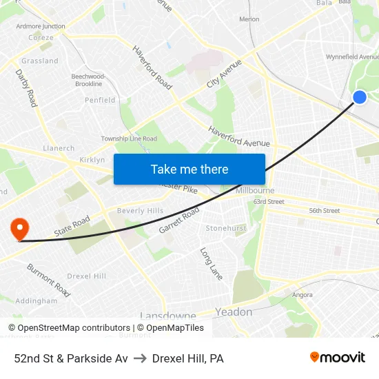52nd St & Parkside Av to Drexel Hill, PA map