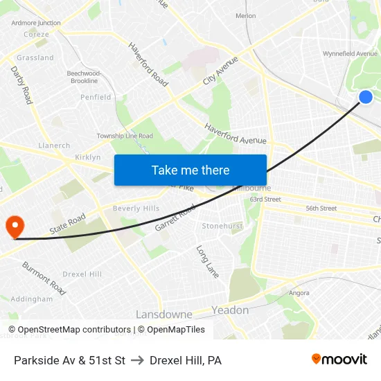 Parkside Av & 51st St to Drexel Hill, PA map