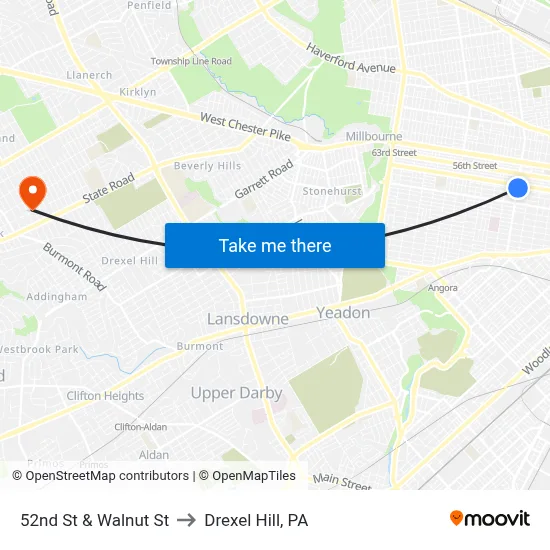 52nd St & Walnut St to Drexel Hill, PA map