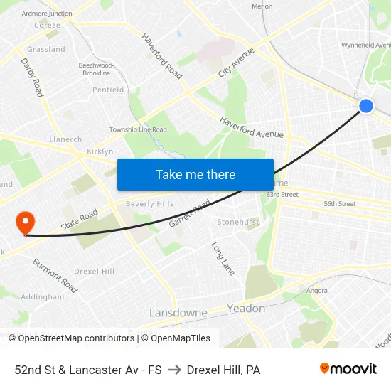 52nd St & Lancaster Av - FS to Drexel Hill, PA map