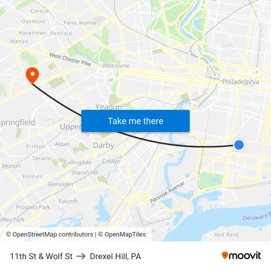 11th St & Wolf St to Drexel Hill, PA map