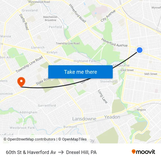 60th St & Haverford Av to Drexel Hill, PA map