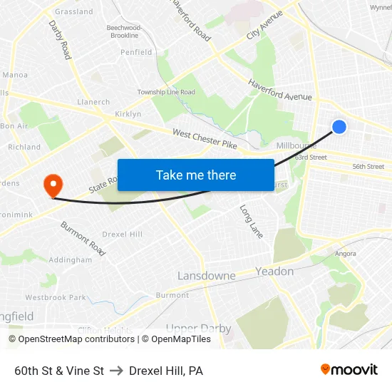 60th St & Vine St to Drexel Hill, PA map
