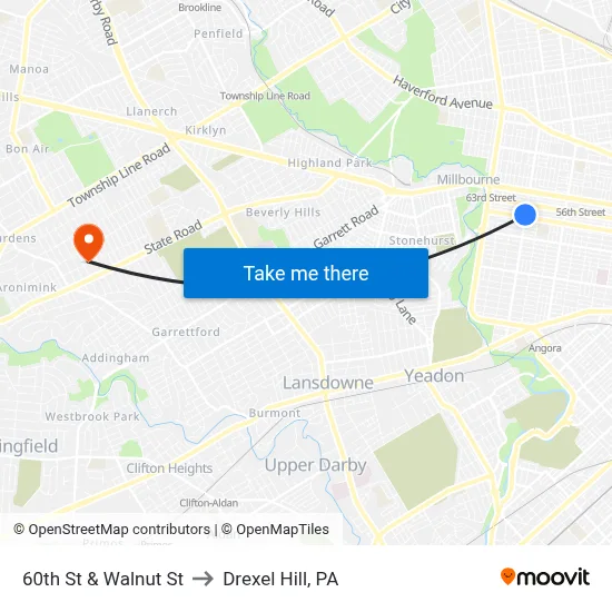 60th St & Walnut St to Drexel Hill, PA map