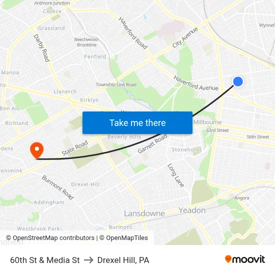 60th St & Media St to Drexel Hill, PA map
