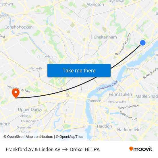 Frankford Av & Linden Av to Drexel Hill, PA map