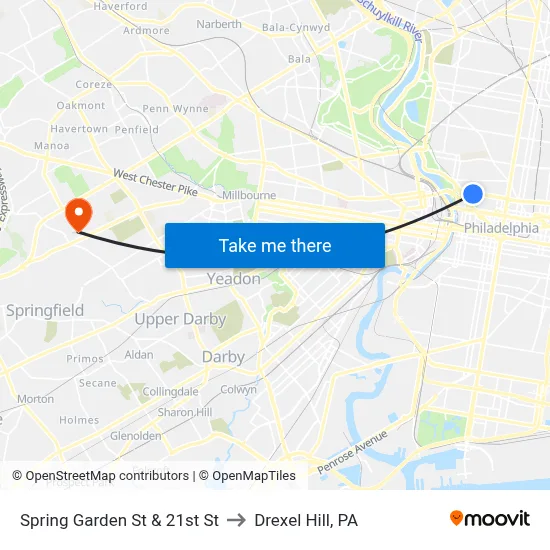 Spring Garden St & 21st St to Drexel Hill, PA map