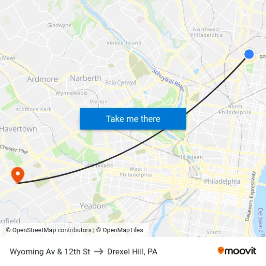 Wyoming Av & 12th St to Drexel Hill, PA map
