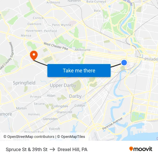 Spruce St & 39th St to Drexel Hill, PA map
