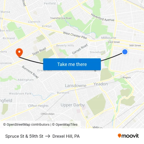 Spruce St & 59th St to Drexel Hill, PA map