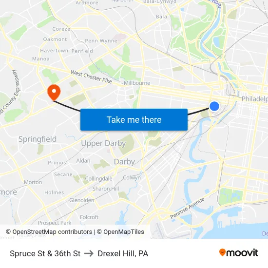 Spruce St & 36th St to Drexel Hill, PA map