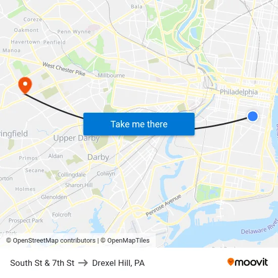 South St & 7th St to Drexel Hill, PA map