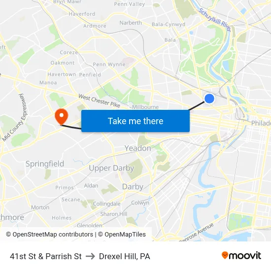 41st St & Parrish St to Drexel Hill, PA map