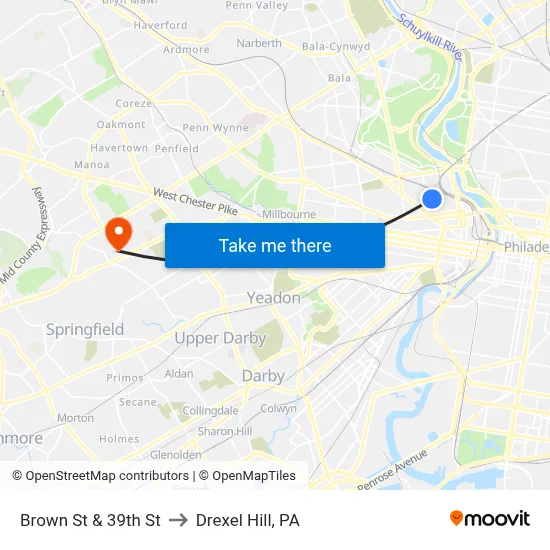 Brown St & 39th St to Drexel Hill, PA map
