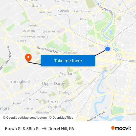 Brown St & 38th St to Drexel Hill, PA map