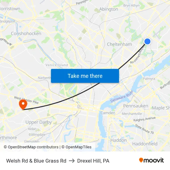 Welsh Rd & Blue Grass Rd to Drexel Hill, PA map