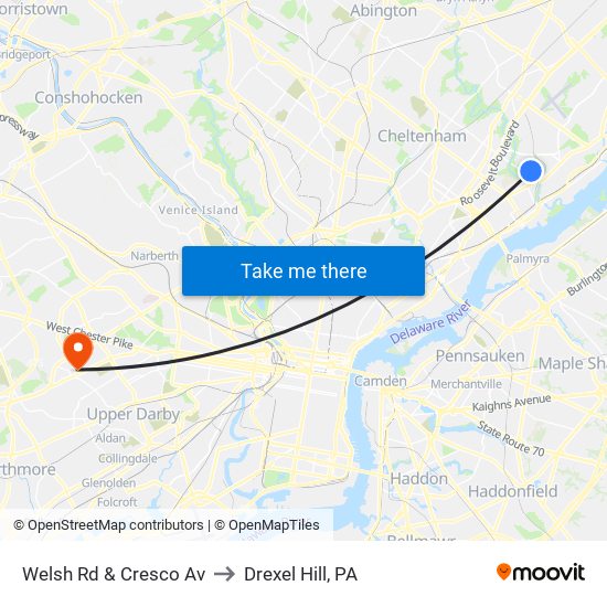 Welsh Rd & Cresco Av to Drexel Hill, PA map