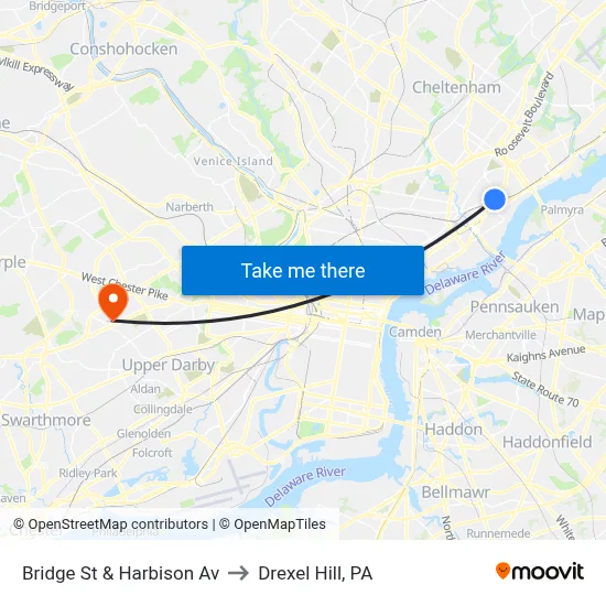 Bridge St & Harbison Av to Drexel Hill, PA map
