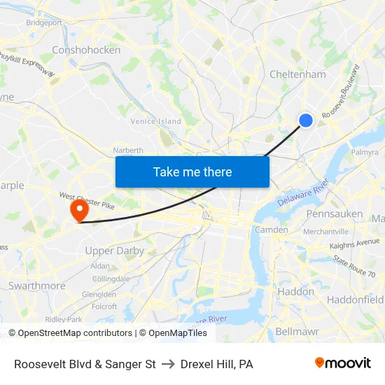Roosevelt Blvd & Sanger St to Drexel Hill, PA map