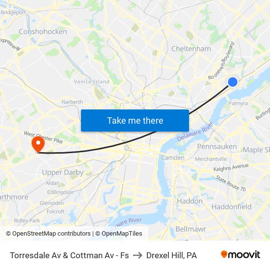 Torresdale Av & Cottman Av - Fs to Drexel Hill, PA map