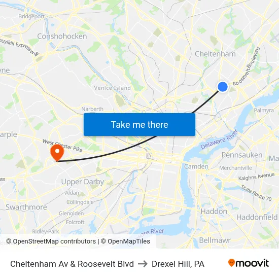 Cheltenham Av & Roosevelt Blvd to Drexel Hill, PA map