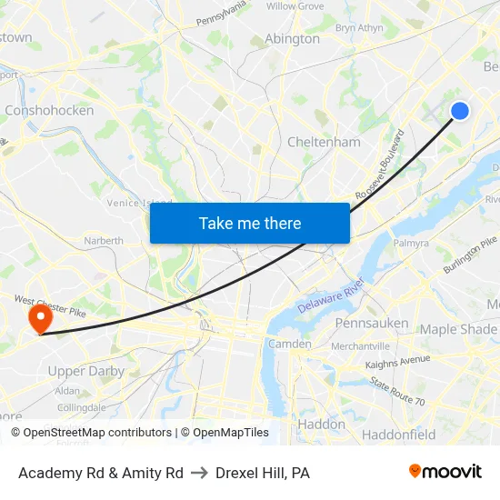 Academy Rd & Amity Rd to Drexel Hill, PA map