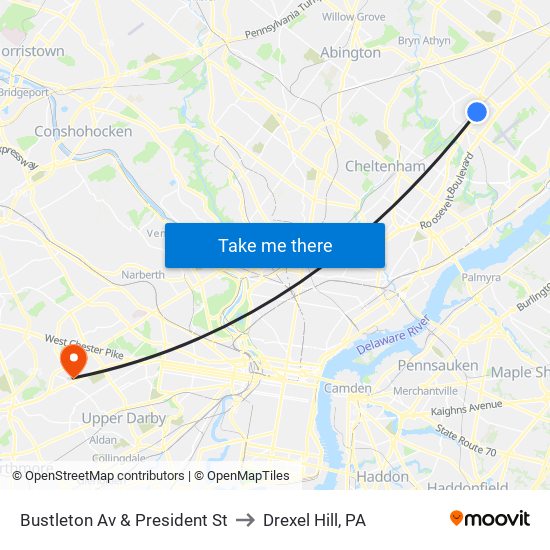 Bustleton Av & President St to Drexel Hill, PA map