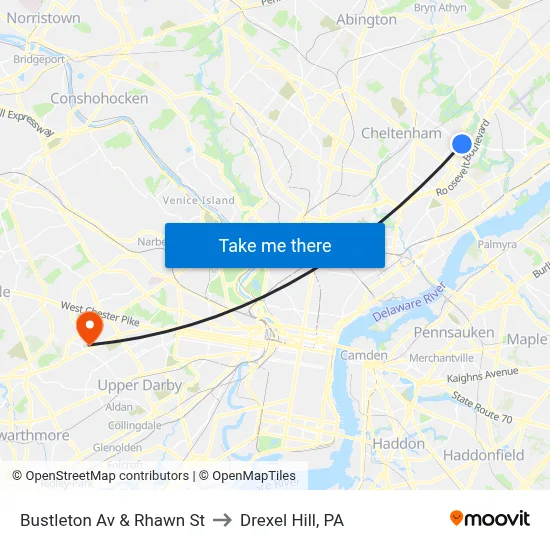 Bustleton Av & Rhawn St to Drexel Hill, PA map